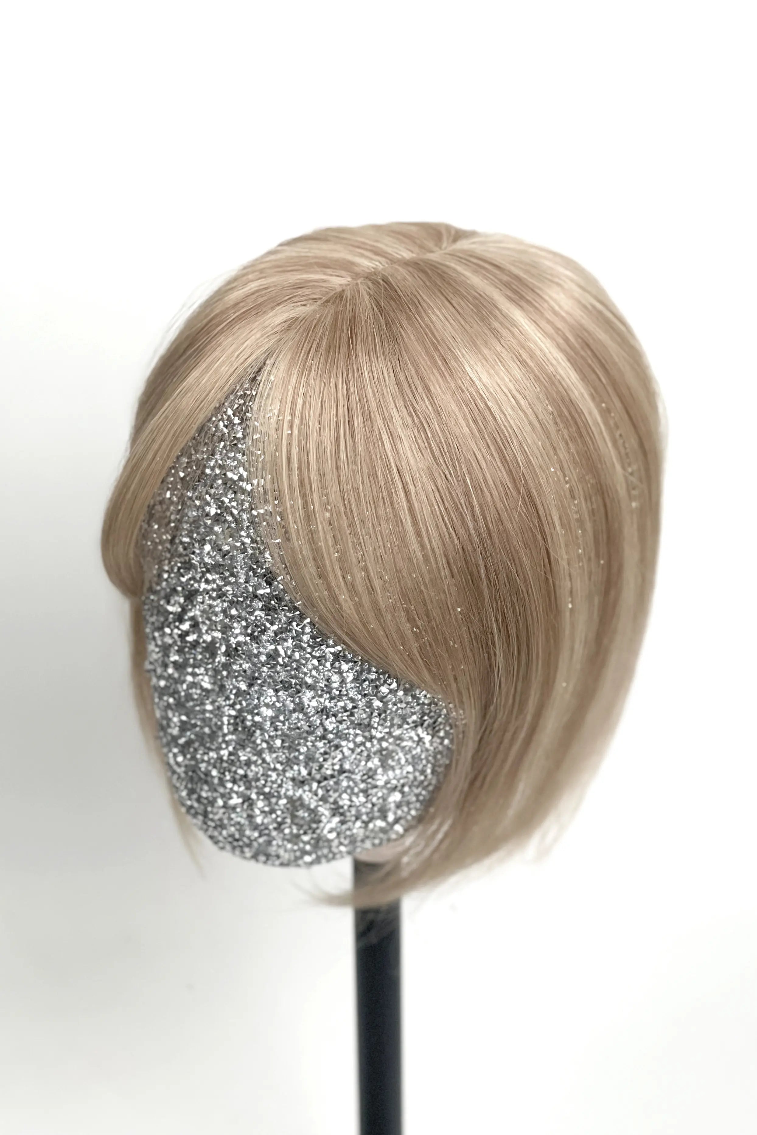 Mona-B Handmade Human Hair Topper with Bangs Dark Blonde with Light Blonde #P10/16 hair topper with bangs, featuring dark blonde hair with light blonde highlights, displayed on a mannequin head.