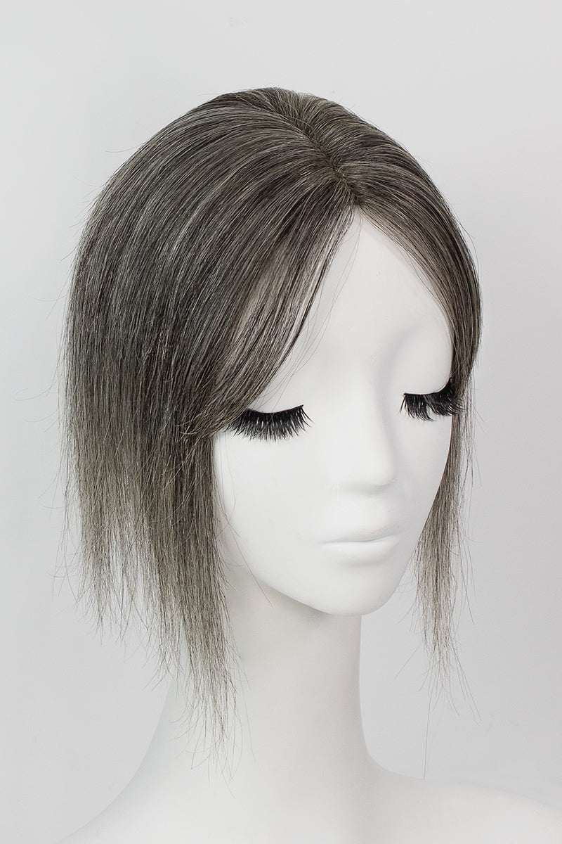 Aria-B Handmade Human Hair Topper with Bangs Dark Grey #1B50