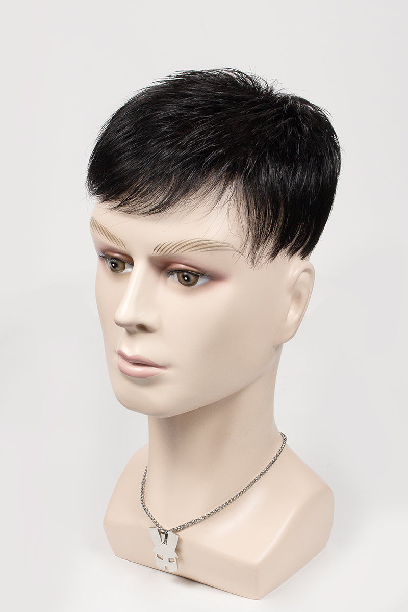 Mannequin head with a black wig on a white background