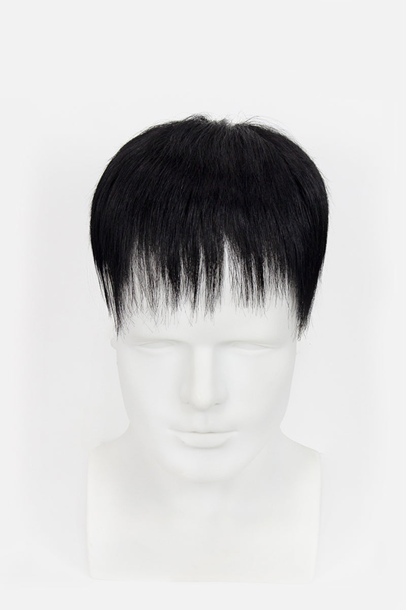 Black hair toupee on a mannequin head against a white background