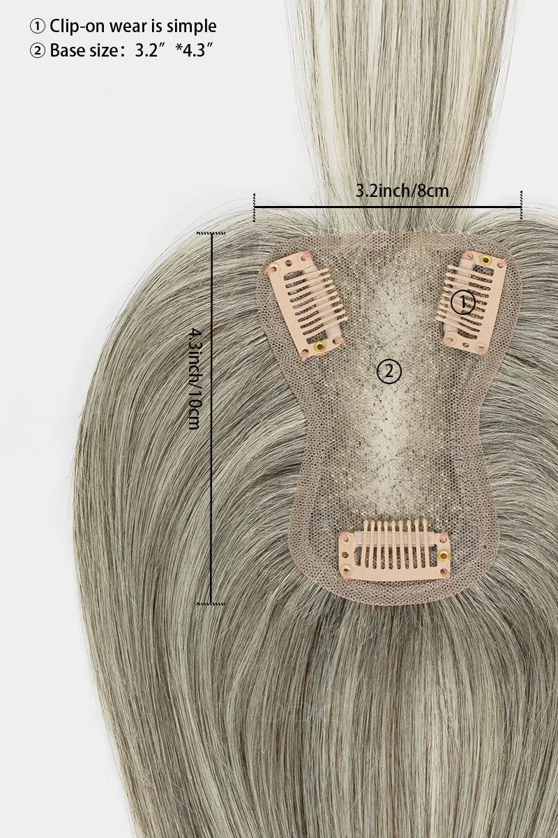 Aria-B Handmade Human Hair Topper with Bangs Light Brown Grey #LBG1B70
