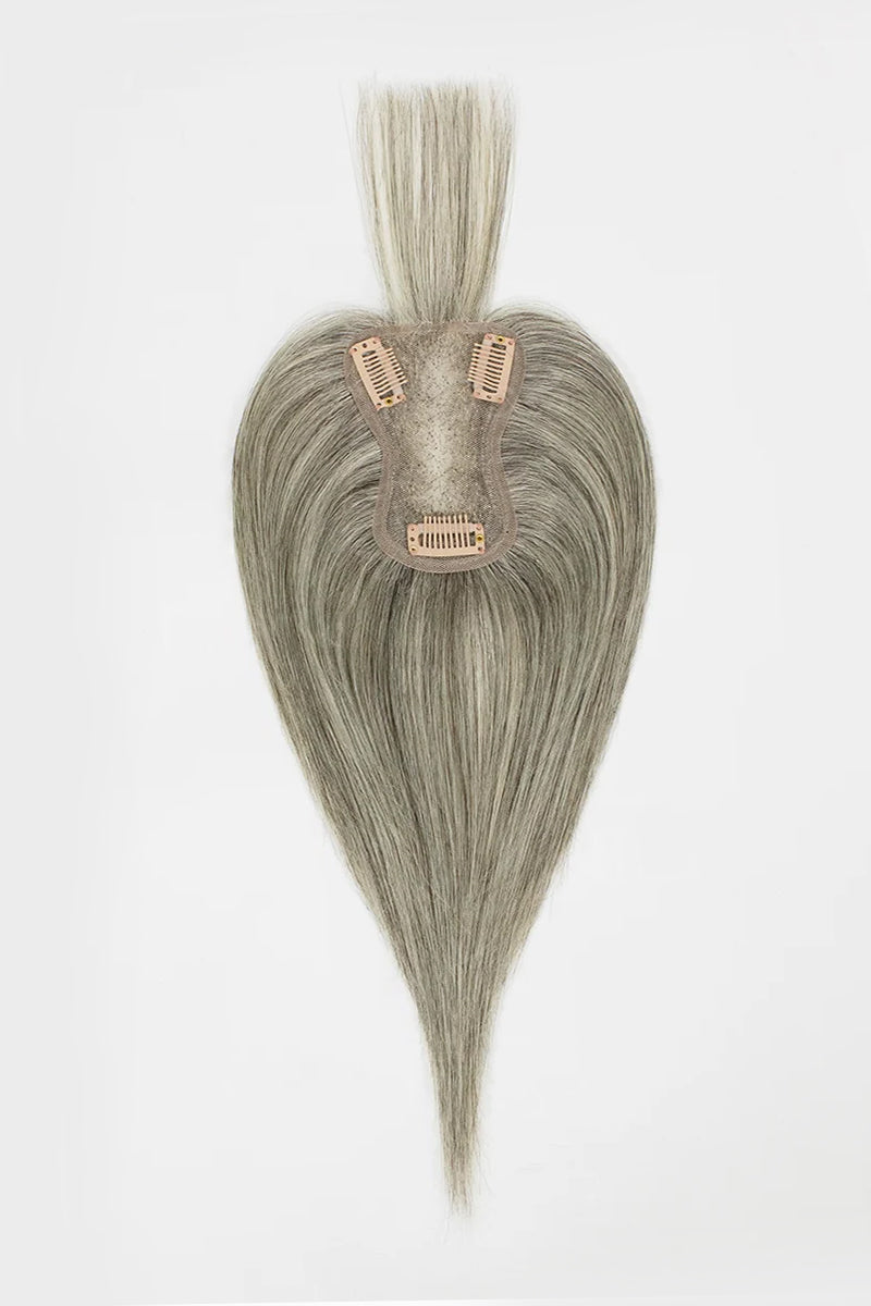 Aria-B Handmade Human Hair Topper with Bangs Light Brown Grey #LBG1B70