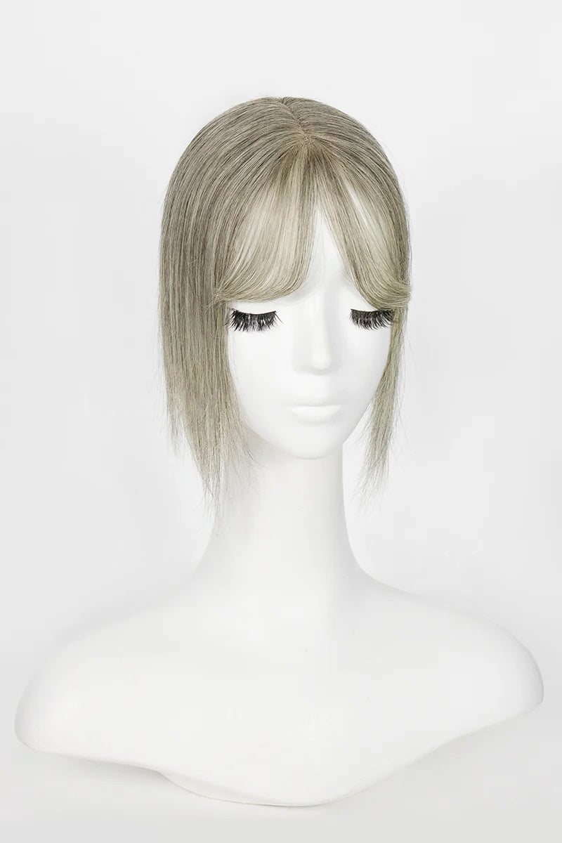 Aria-B Handmade Human Hair Topper with Bangs Light Brown Grey #LBG1B70