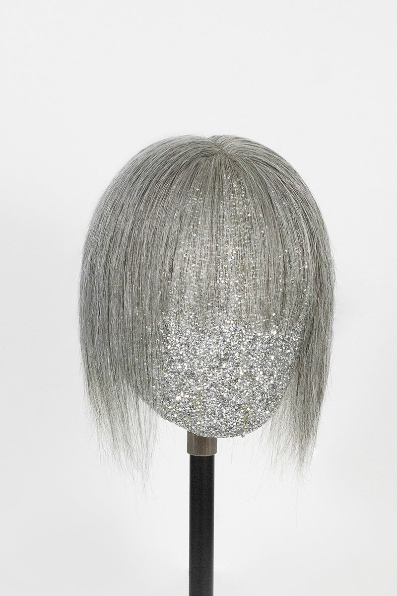 Aria-B Handmade Human Hair Topper with Bangs Medium Grey #1B70