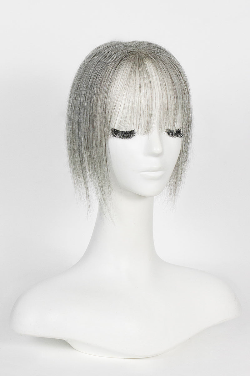 Aria-B Handmade Human Hair Topper with Bangs Medium Grey #1B70