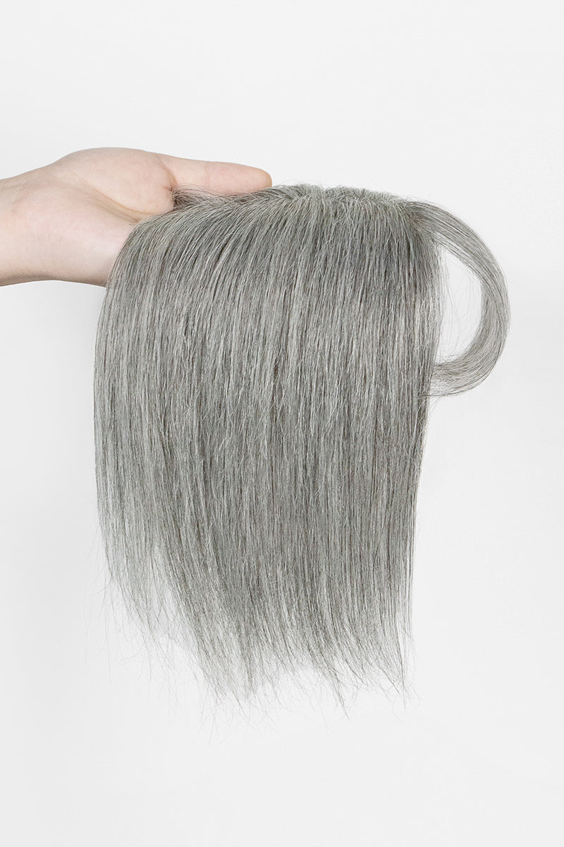 Aria-B Handmade Human Hair Topper with Bangs Medium Grey #1B70