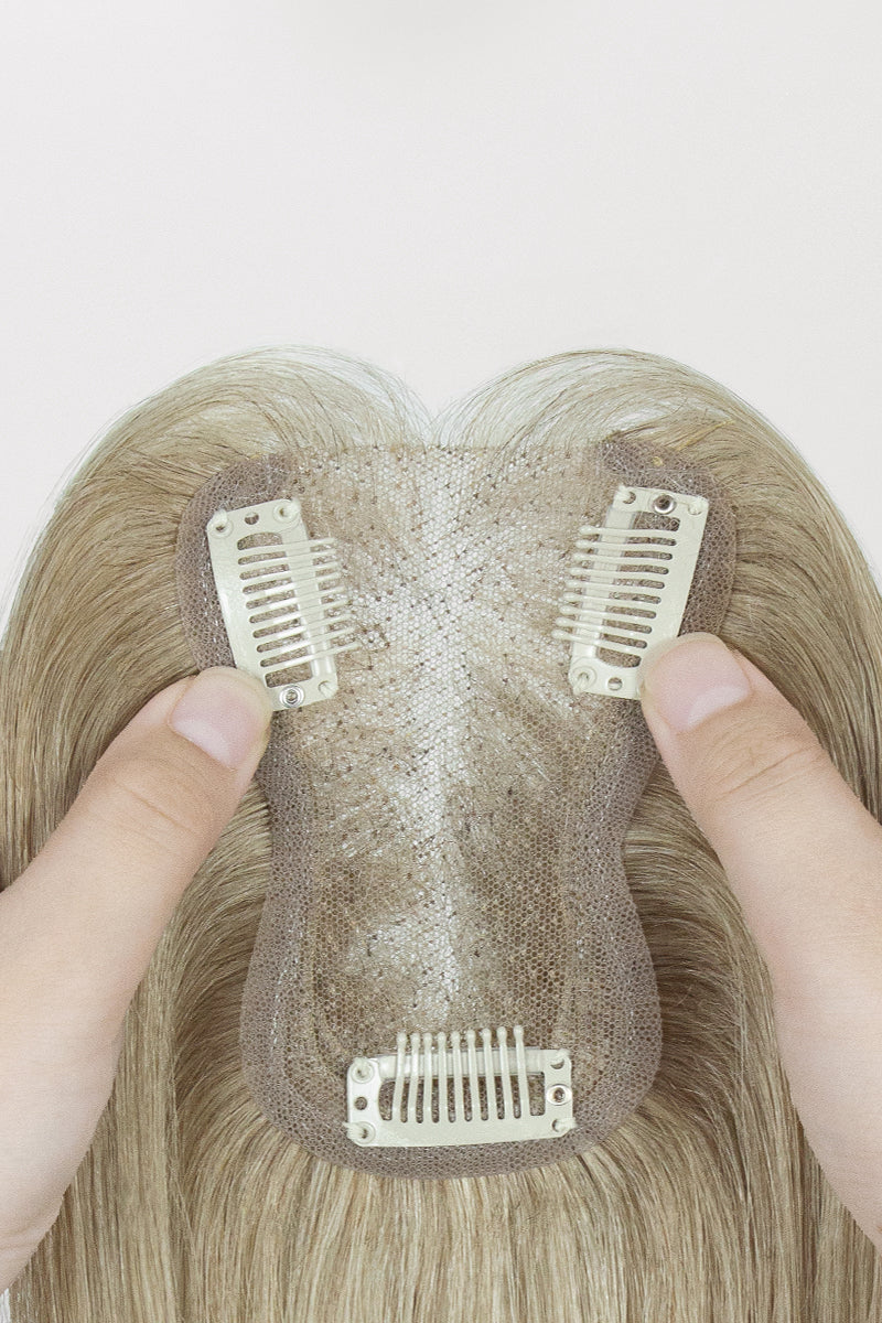 Complément capillaire en cheveux humains fait main Aria-B avec frange, ombré de racines châtain moyen à blond #T4/M616