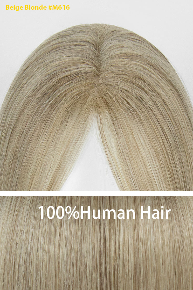Complément capillaire en cheveux humains fait main Aria-B avec frange, ombré de racines châtain moyen à blond #T4/M616