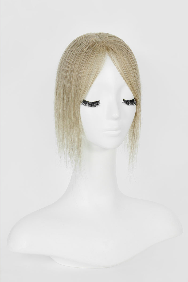 Complément capillaire en cheveux humains fait main Aria-B avec frange, ombré de racines châtain moyen à blond #T4/M616