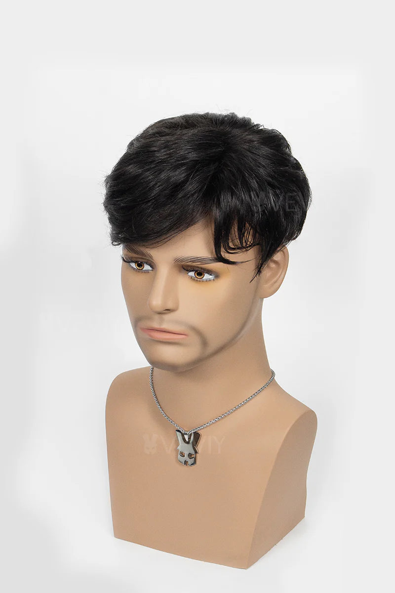 Black wig on a mannequin head with a white background