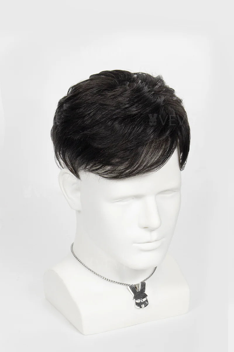 Corey topper on a mannequin head against a white background