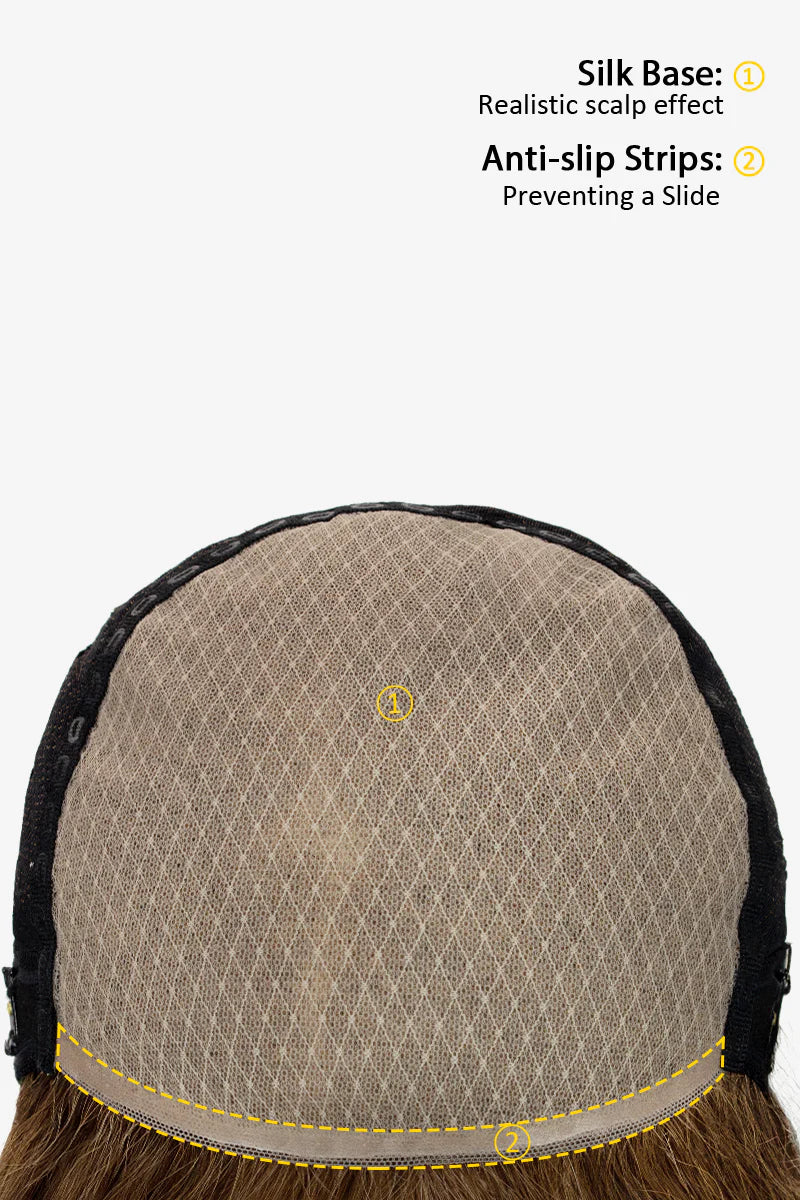 Back view of a wig cap with text on silk base and anti-slip strips.
