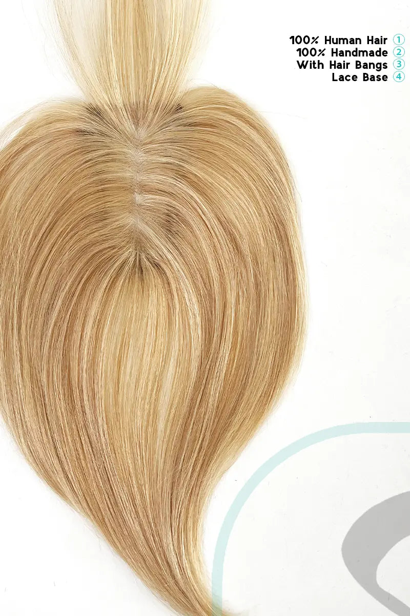 Mona-B Handmade Human Hair Topper with Bangs Warm Blonde with Highlights #P27/613