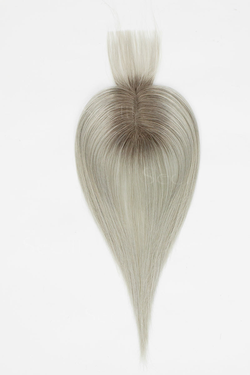 Mona-B Handmade Human Hair Topper with Bangs Silver Grey with Dark Brown Root #T2/Silver Grey