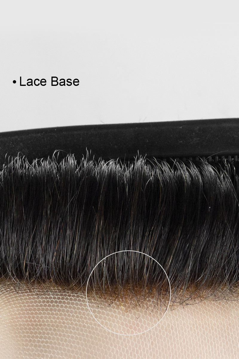 Close-up of a lace base with hair extensions on a light gray background
