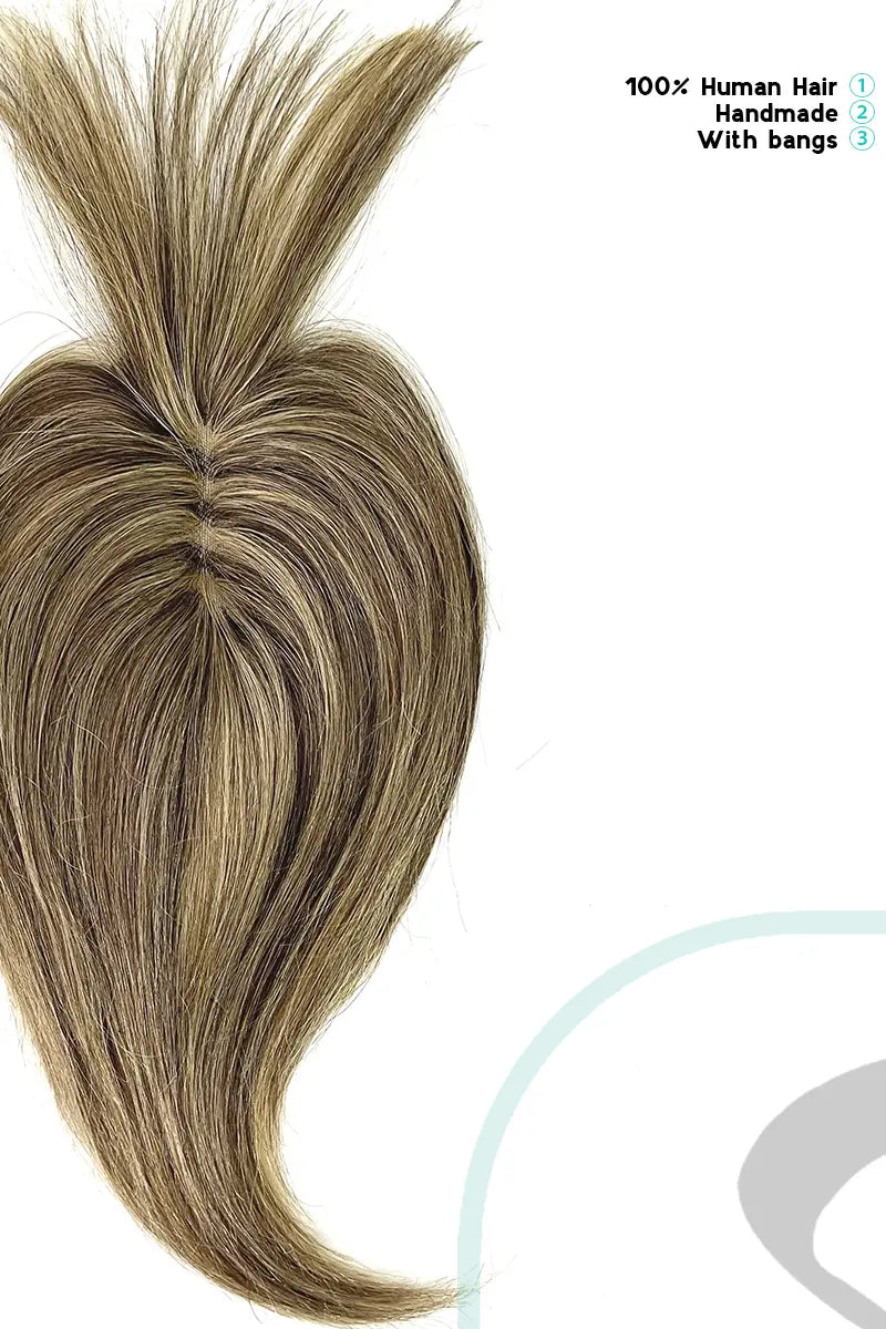 Mona-B Handmade Human Hair Topper with Bangs Medium Brown with Warm Highlights #P4/27