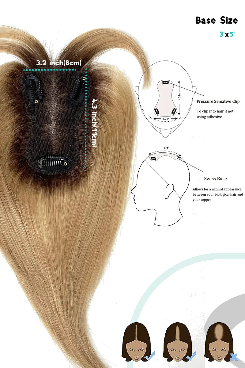 Mona-B Handmade Human Hair Topper with Bangs Shaded with Medium Brown #T4/27