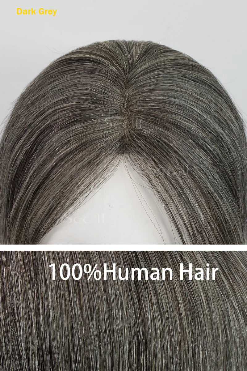 Mona-B Handmade Human Hair Topper with Bangs #Dark Grey