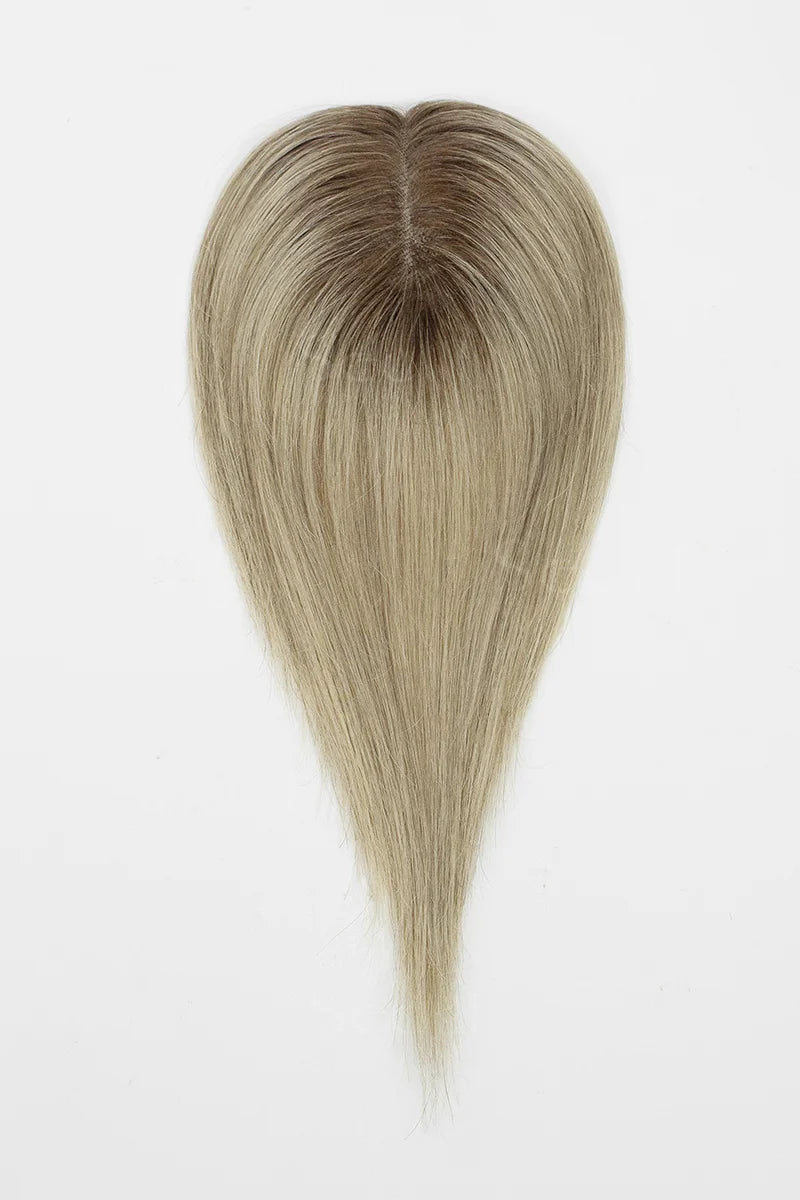 Mona Handmade Human Hair Topper Ombre Dark Root to Blonde #T2/M616 on a white background