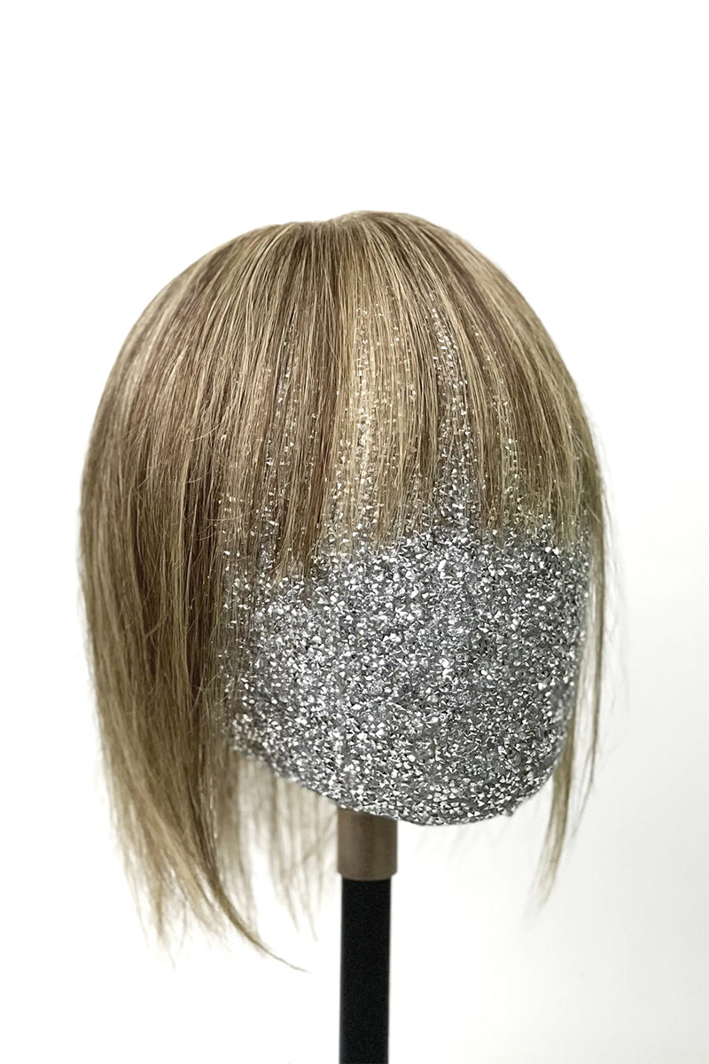 Aria-B Handmade Human Hair Topper with Bangs Medium Brown with Warm Highlights #P4/27