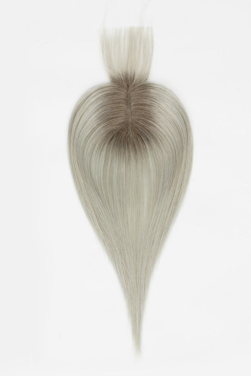 Aria-B Handmade Human Hair Topper with Bangs Silver Grey with Dark Brown Root #T2/Silver Grey