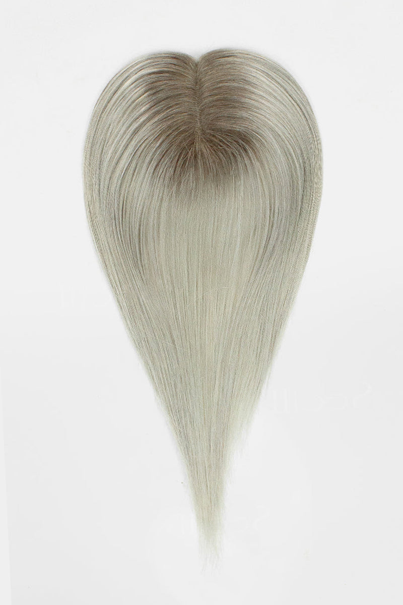 Aria Human Hair Topper Silver Grey with Dark Brown Root #T2/Silver Grey