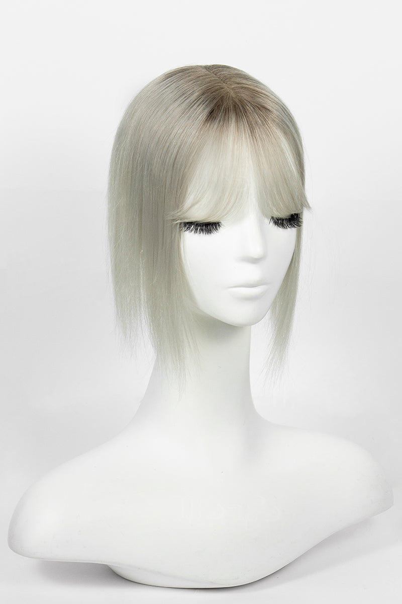 Aria-B Handmade Human Hair Topper with Bangs Silver Grey with Dark Brown Root #T2/Silver Grey