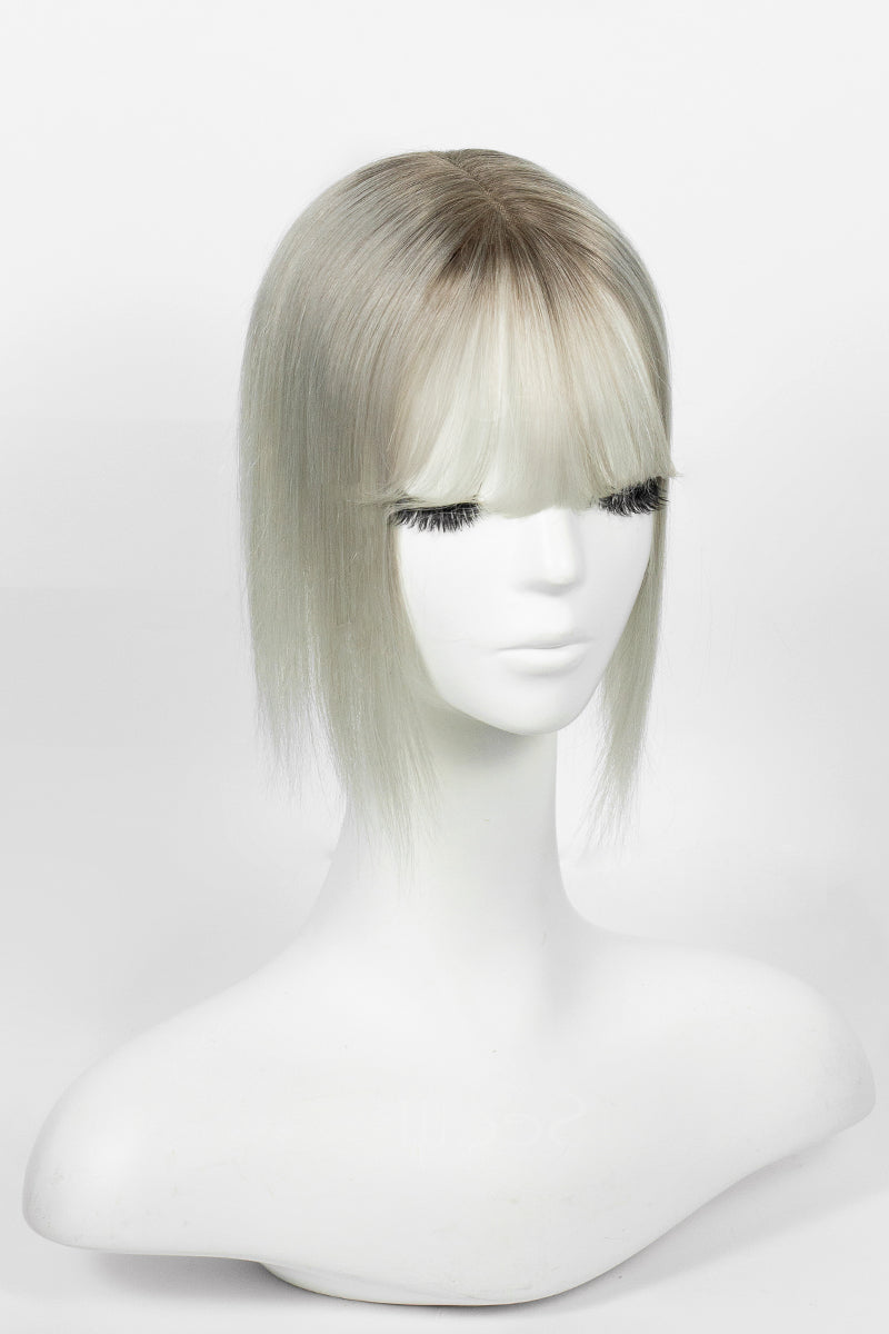 Aria-B Handmade Human Hair Topper with Bangs Silver Grey with Dark Brown Root #T2/Silver Grey