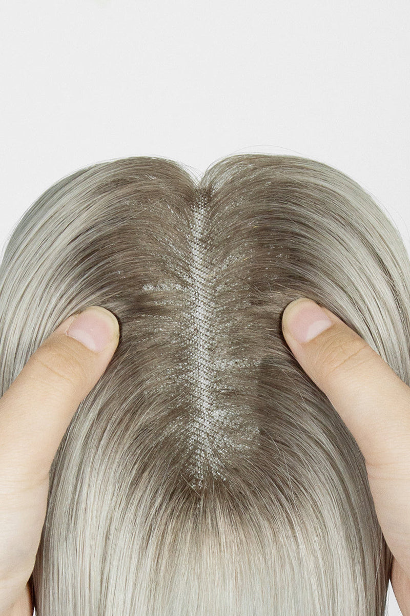 Aria Human Hair Topper Silver Grey with Dark Brown Root #T2/Silver Grey