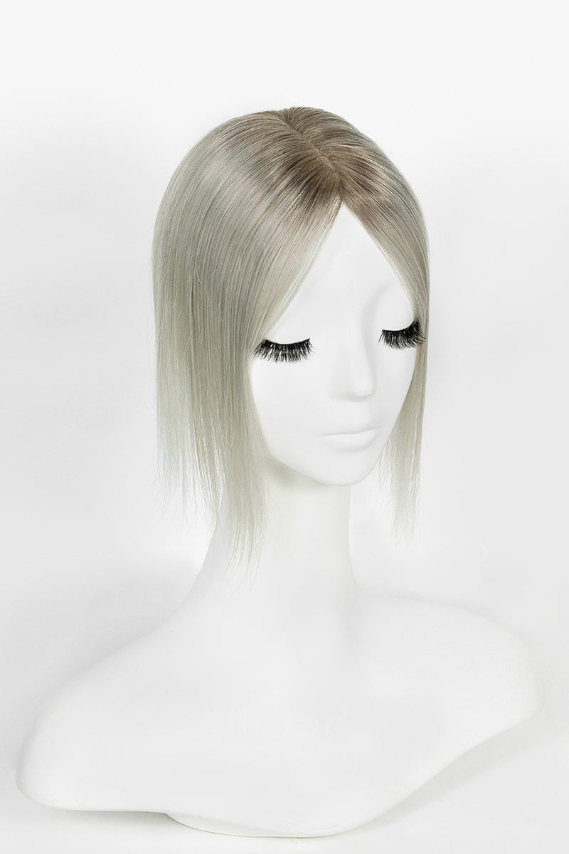 Aria Human Hair Topper Silver Grey with Dark Brown Root #T2/Silver Grey