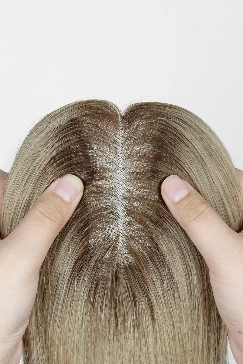 Aria-B Handmade Human Hair Topper with Bangs Ombre Medium Brown Root to Blonde #T4/M616