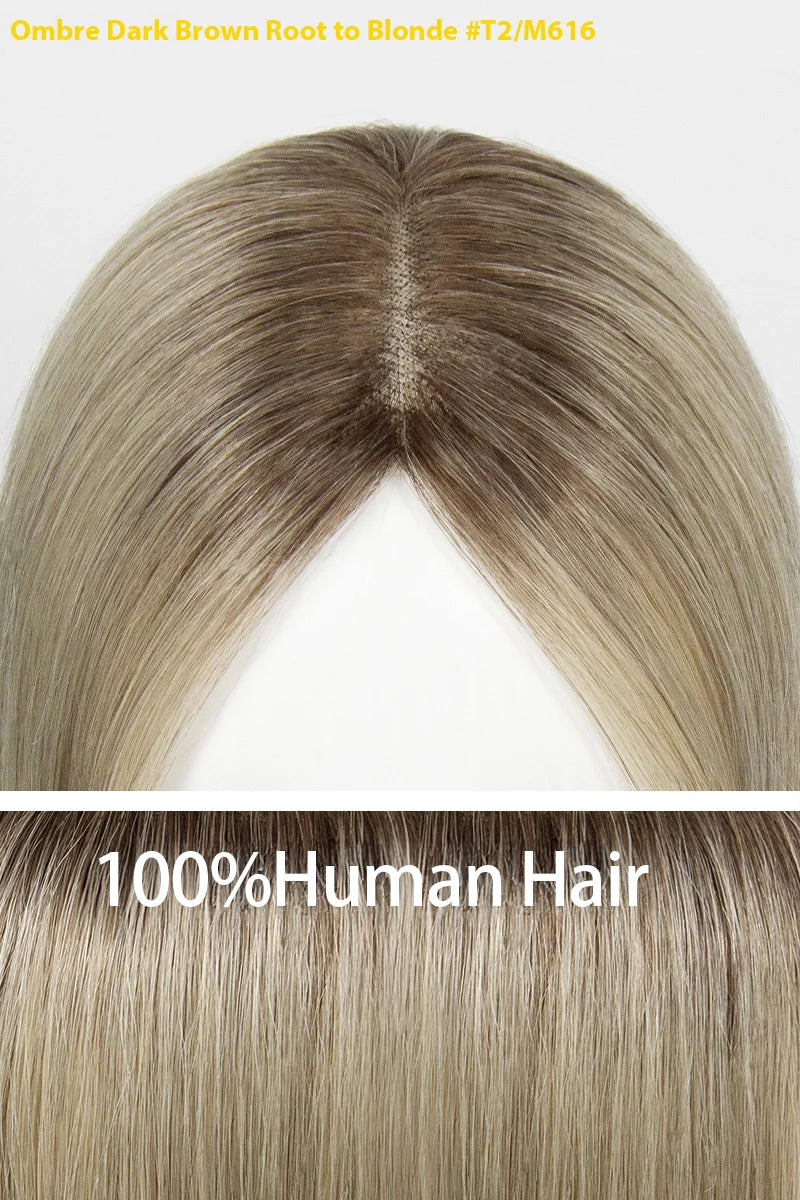 Aria-B Handmade Human Hair Topper with Bangs Ombre Medium Brown Root to Blonde #T4/M616