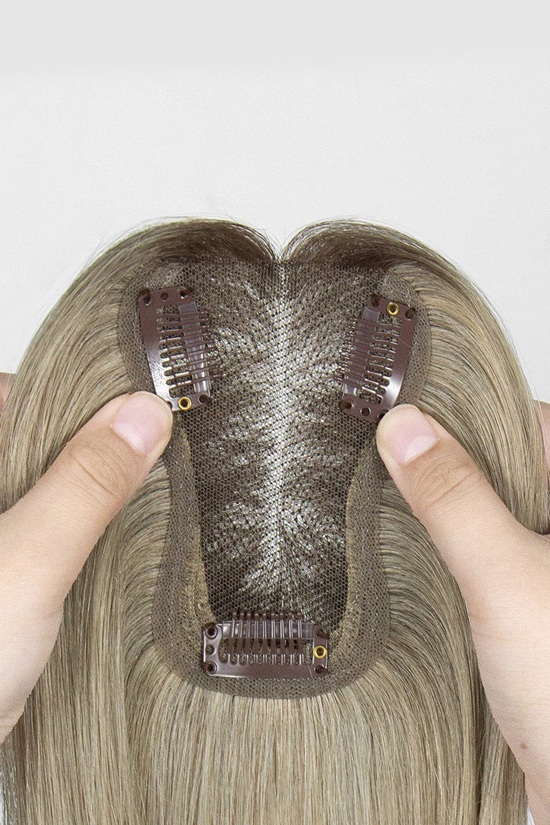 Aria-B Handmade Human Hair Topper with Bangs Ombre Medium Brown Root to Blonde #T4/M616