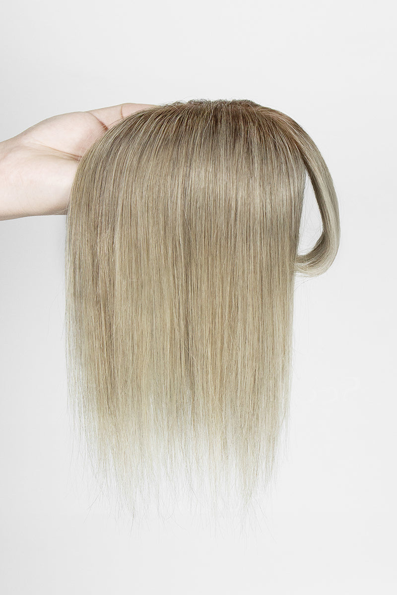 Aria-B Handmade Human Hair Topper with Bangs Ombre Medium Brown Root to Blonde #T4/M616