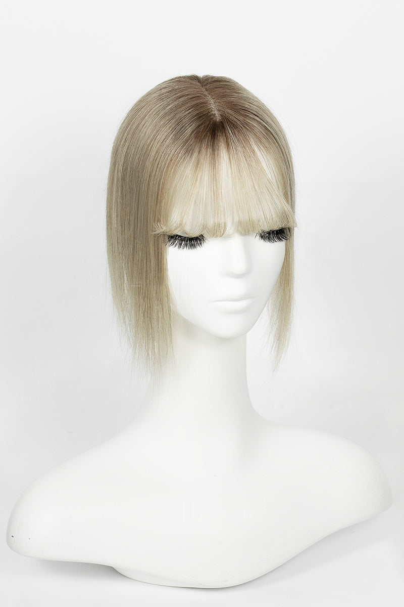 Aria-B Handmade Human Hair Topper with Bangs Ombre Medium Brown Root to Blonde #T4/M616