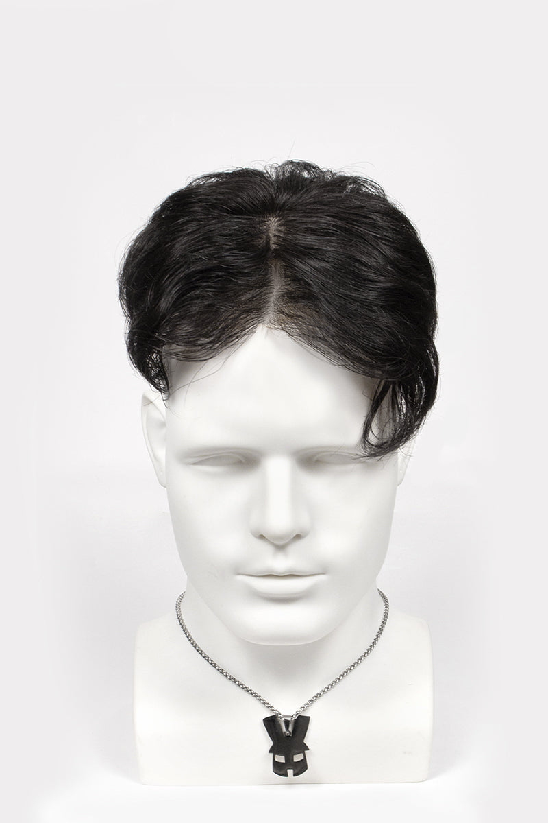 Mannequin head with a black wig on a white background