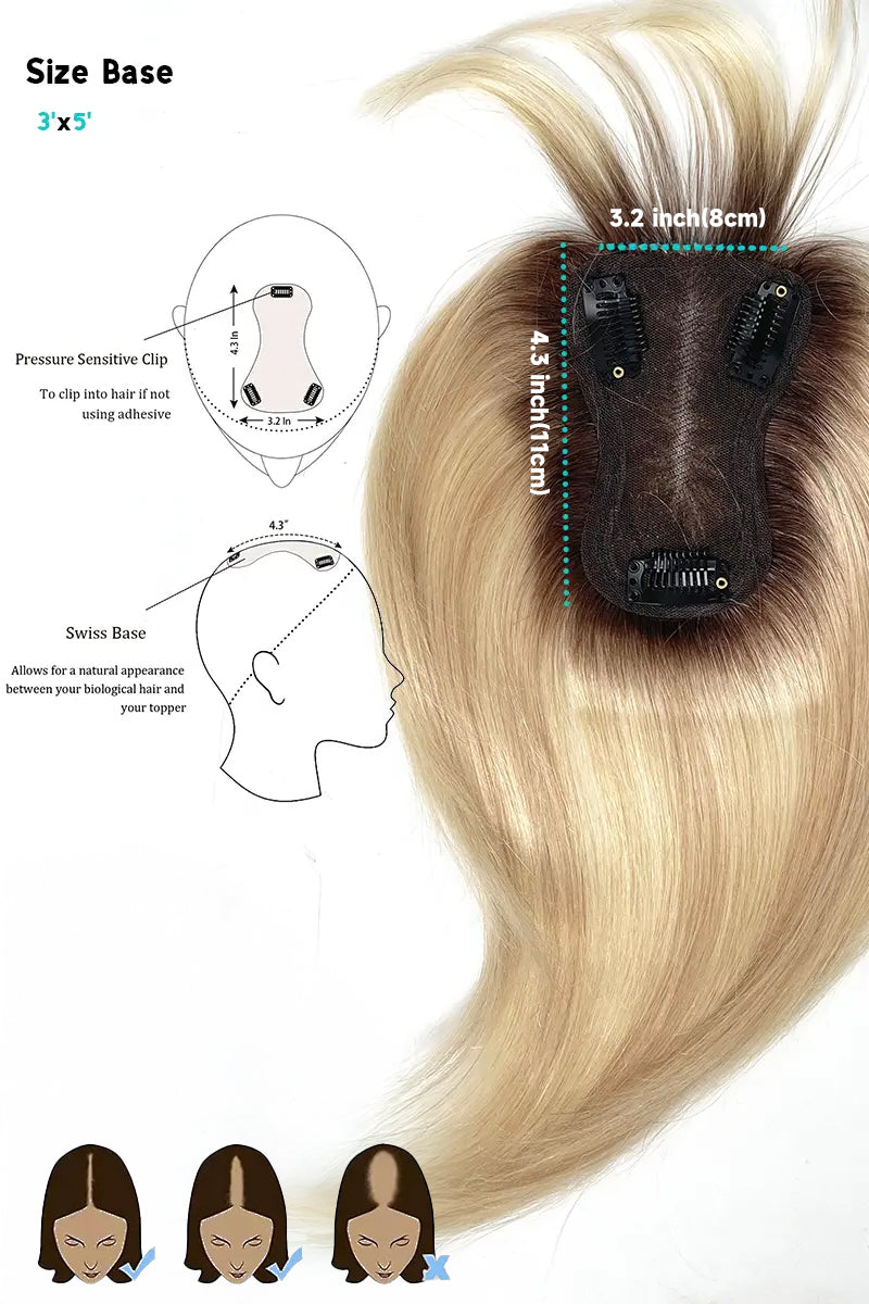 Aria-B Handmade Human Hair Topper with Bangs Light Blonde with Highlights #T4/16/613