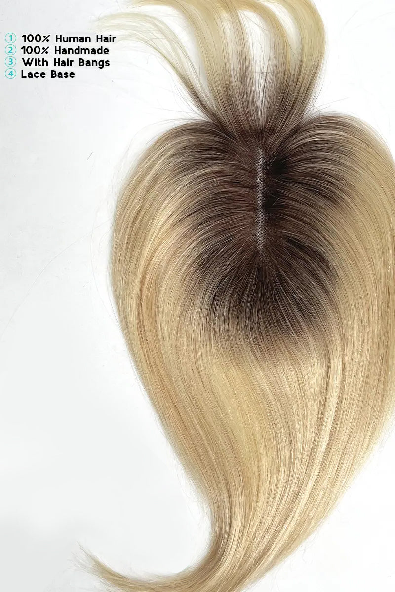 Aria-B Handmade Human Hair Topper with Bangs Light Blonde with Highlights #T4/16/613