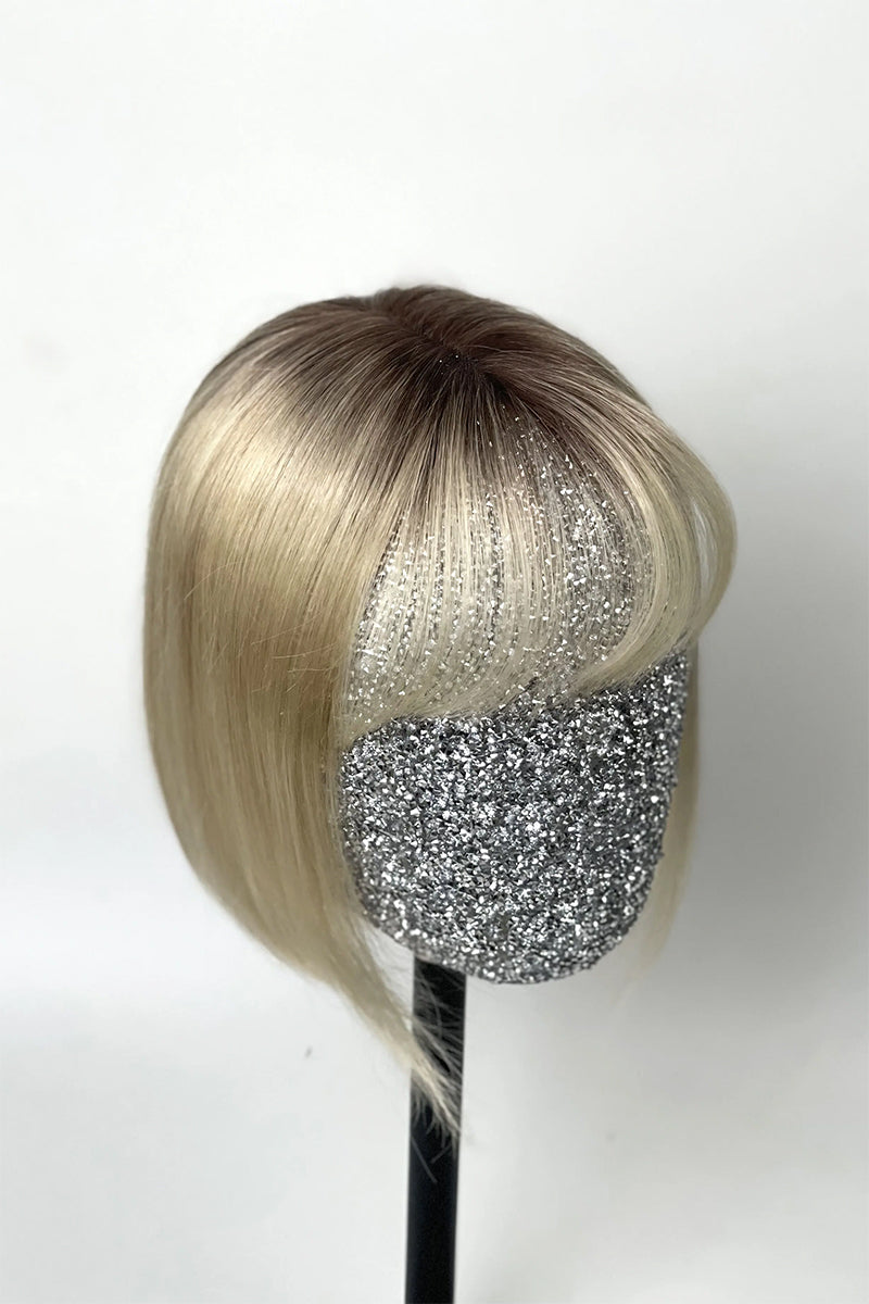 Aria-B Handmade Human Hair Topper with Bangs Light Blonde with Highlights #T4/16/613