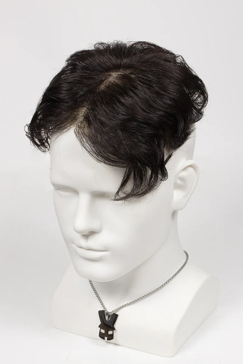 Mannequin head with a black wig on a white background