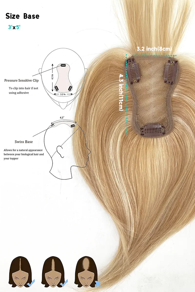 Aria-B Handmade Human Hair Topper with Bangs Warm Blonde with Highlights #P27/613