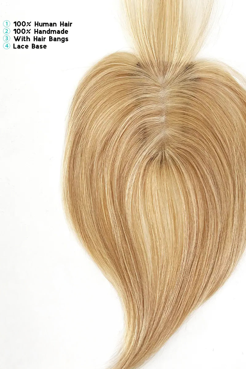 Aria-B Handmade Human Hair Topper with Bangs Warm Blonde with Highlights #P27/613