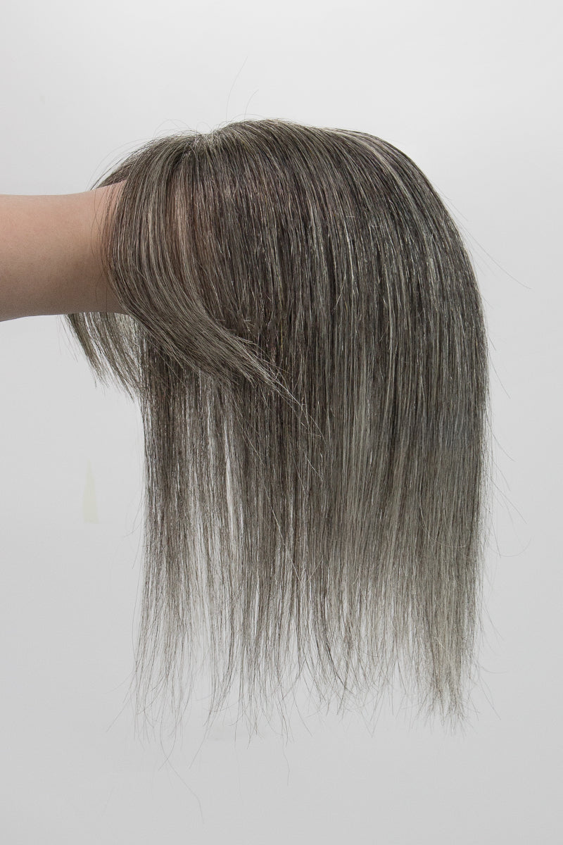 Aria-B Handmade Human Hair Topper with Bangs Dark Grey #1B50