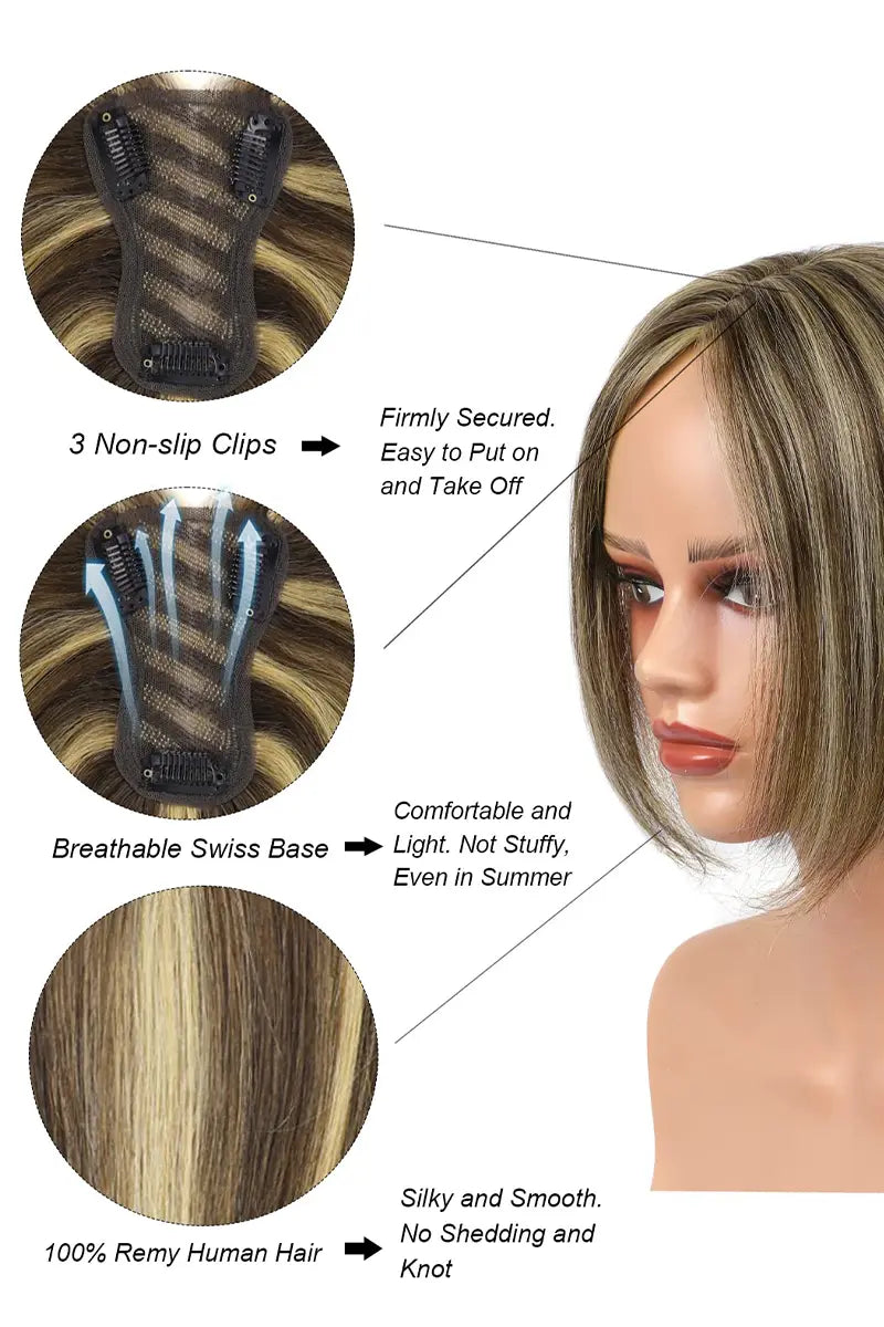 Aria Handmade Human Hair Topper Medium Brown with Warm Highlights #P4/27