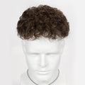 Mannequin head with a brown curly wig on a white background