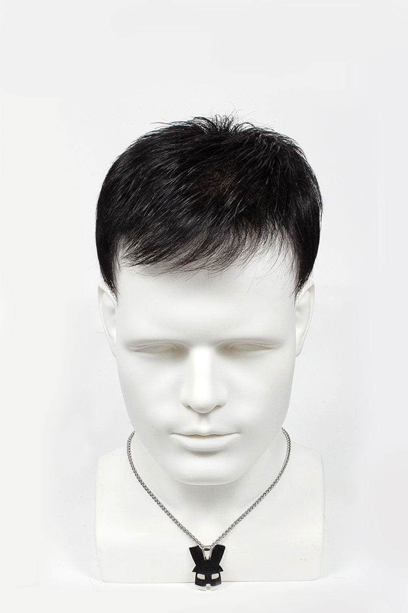 Mannequin head with black hair on a white background