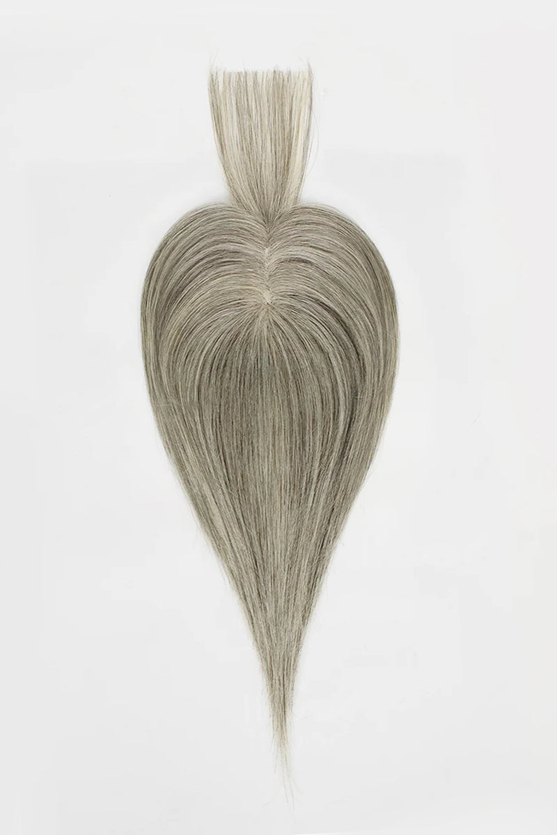 Aria-B Handmade Human Hair Topper with Bangs Light Brown Grey #LBG1B70