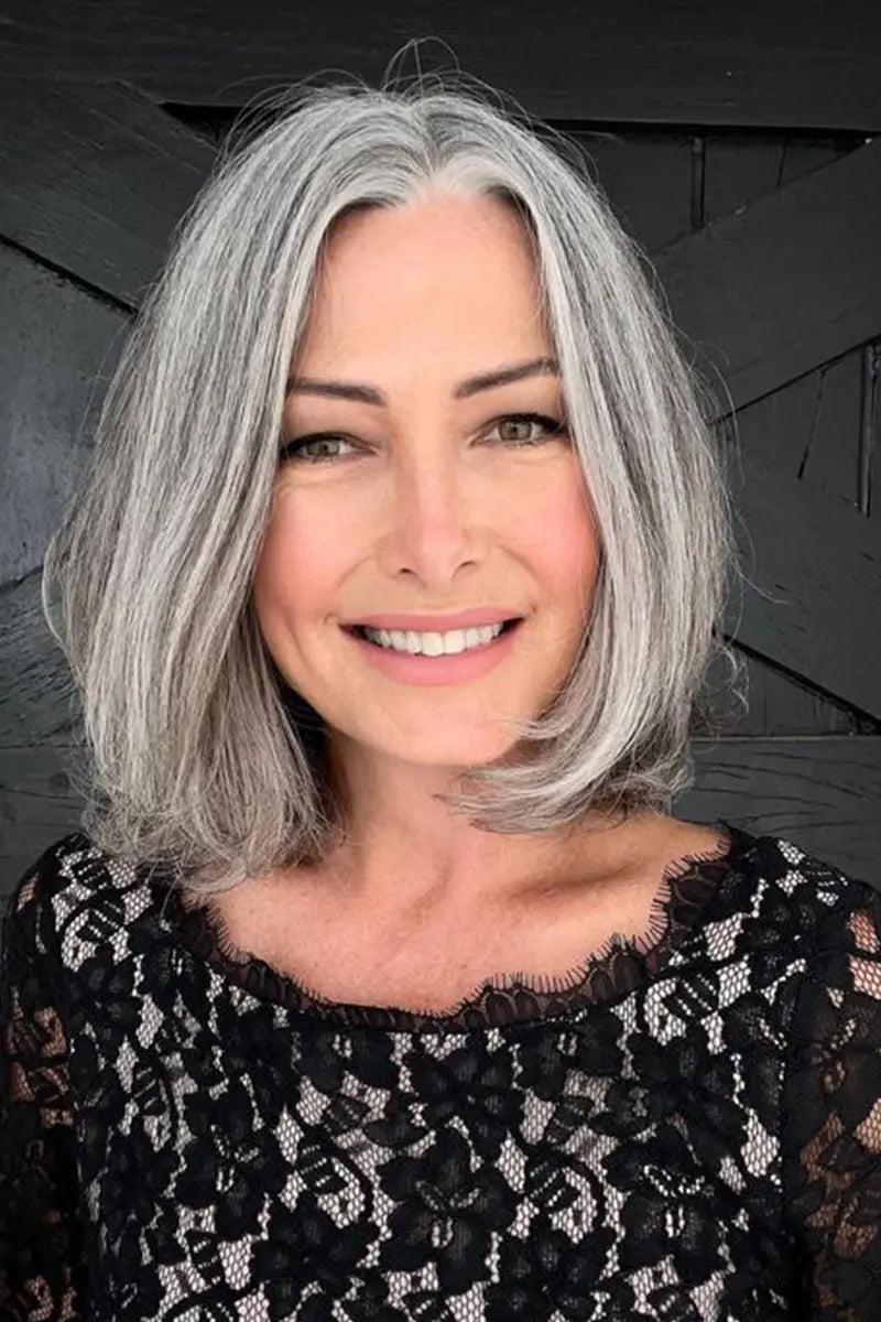 Aria-B Handmade Human Hair Topper with Bangs Medium Grey #1B70