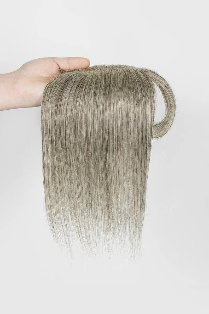 Aria-B Handmade Human Hair Topper with Bangs Light Brown Grey #LBG1B70