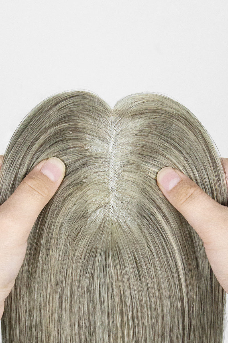 Aria-B Handmade Human Hair Topper with Bangs Light Brown Grey #LBG1B70